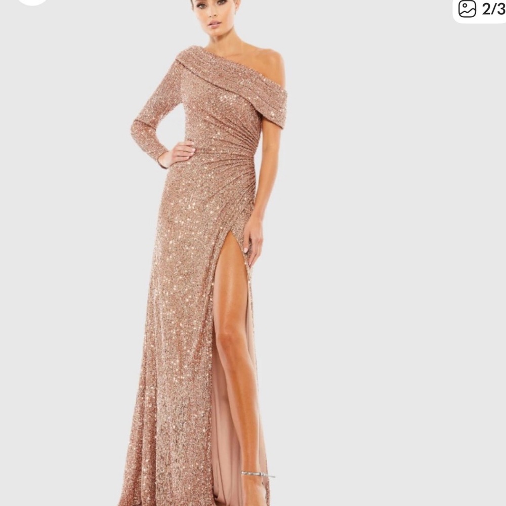 Mac Duggal Slit Formal Gala Maxi Gown 26550 Elegant One-Shoulder Sequin Gown